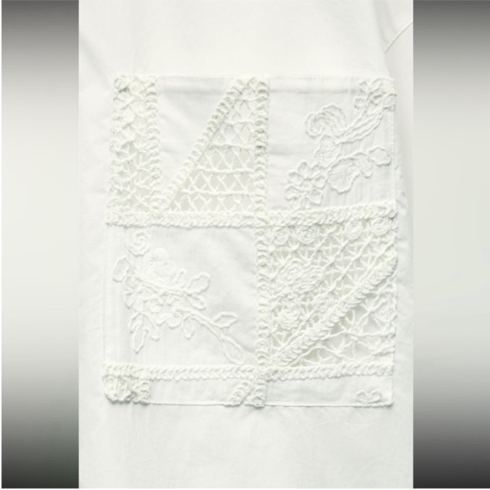 Zara, white, guipore lace pocket poplin shirt, Large - Picture 2 of 8